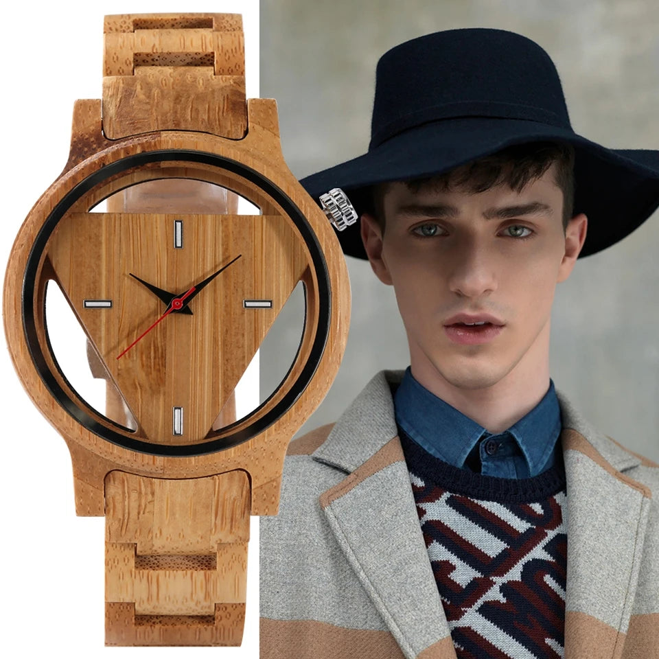 Bobo Bird Geometric  Watches Superb Inverted Triangle Bamboo Wooden Band Clock Male Full Wooden Quartz Wristwatches