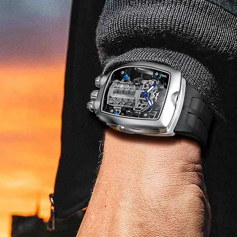 PINDU  P6522 Men Automatic WatchLuminous 50M Waterproof Skeleton NH05