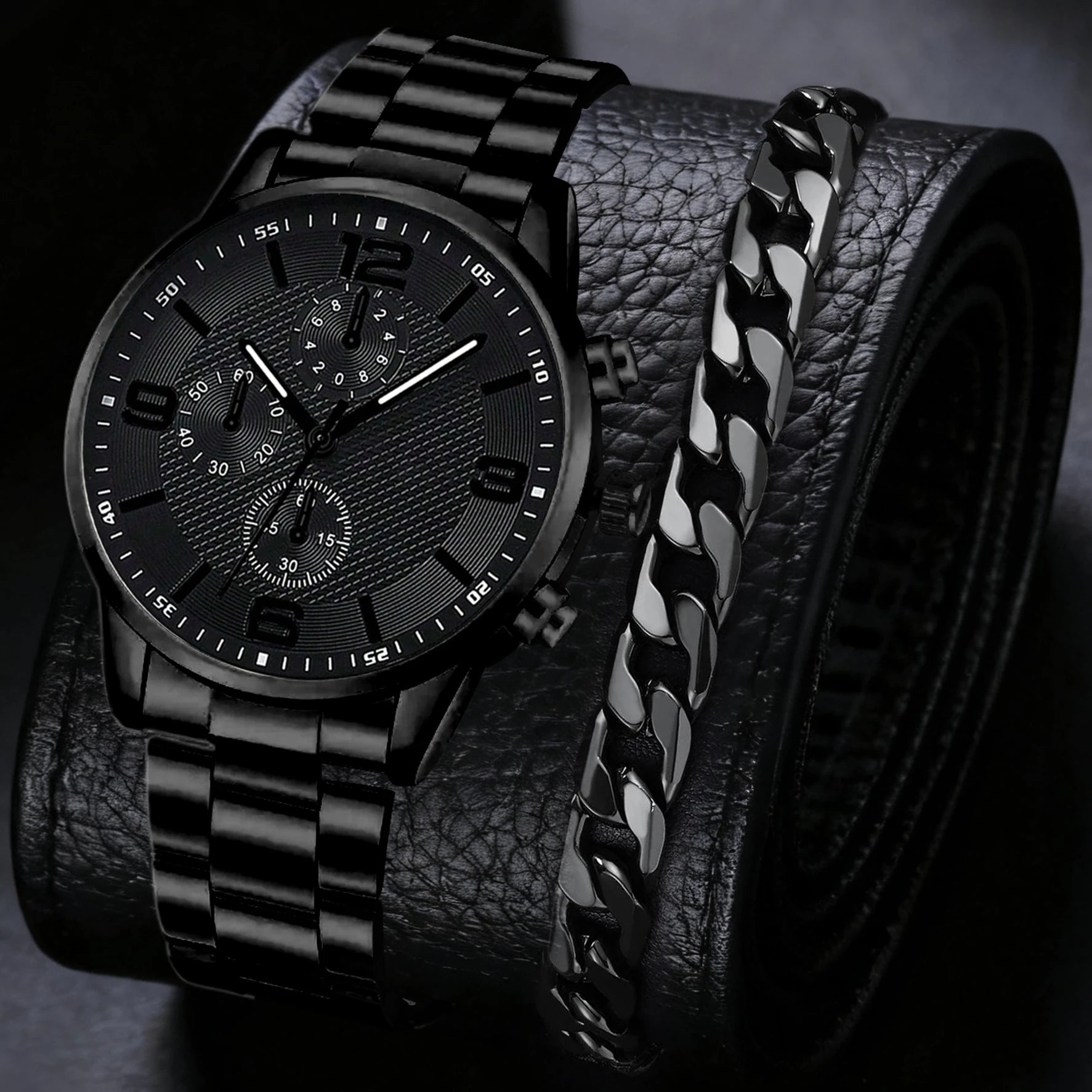 2/4PCS Men's Watch Set Business Trend Fashion Classic Three Eye Quartz Watch Bracelet Necklace Ring Set Perfect Gift