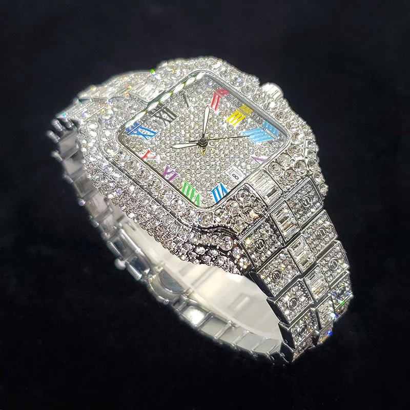 2025 New Luxury Diamond Watch Men Fashion Iced Out Square Colorful Number Watches Hip Hop Bling Jewelry Reloj Hombre for Party