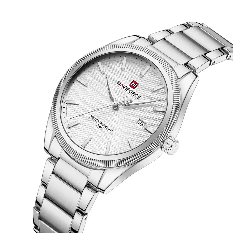 Silver Naviforce watch on a white background