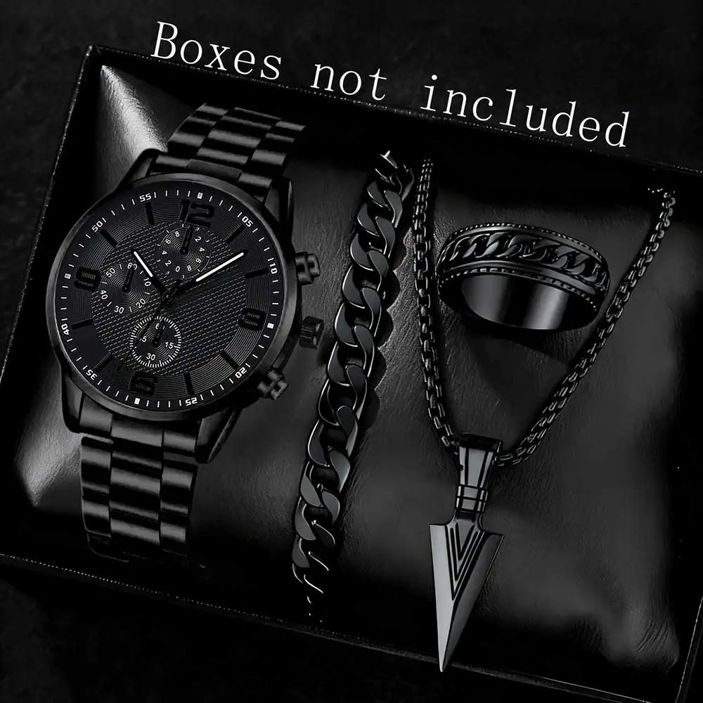 2/4PCS Men's Watch Set Business Trend Fashion Classic Three Eye Quartz Watch Bracelet Necklace Ring Set Perfect Gift