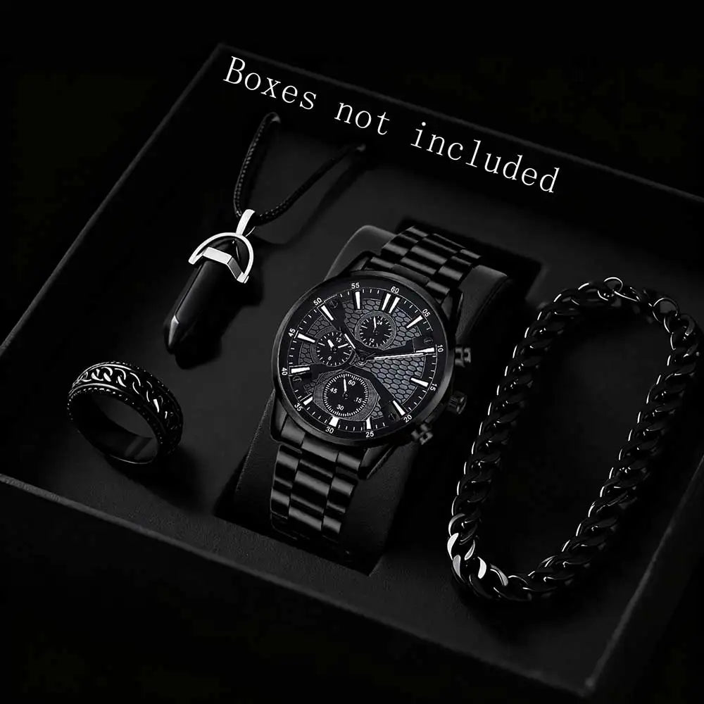 2/4PCS Black Men's Watch Set Business Trend Fashion Quartz Watch Jewelry Set Suitable for Daily Clothing Matching Perfect
